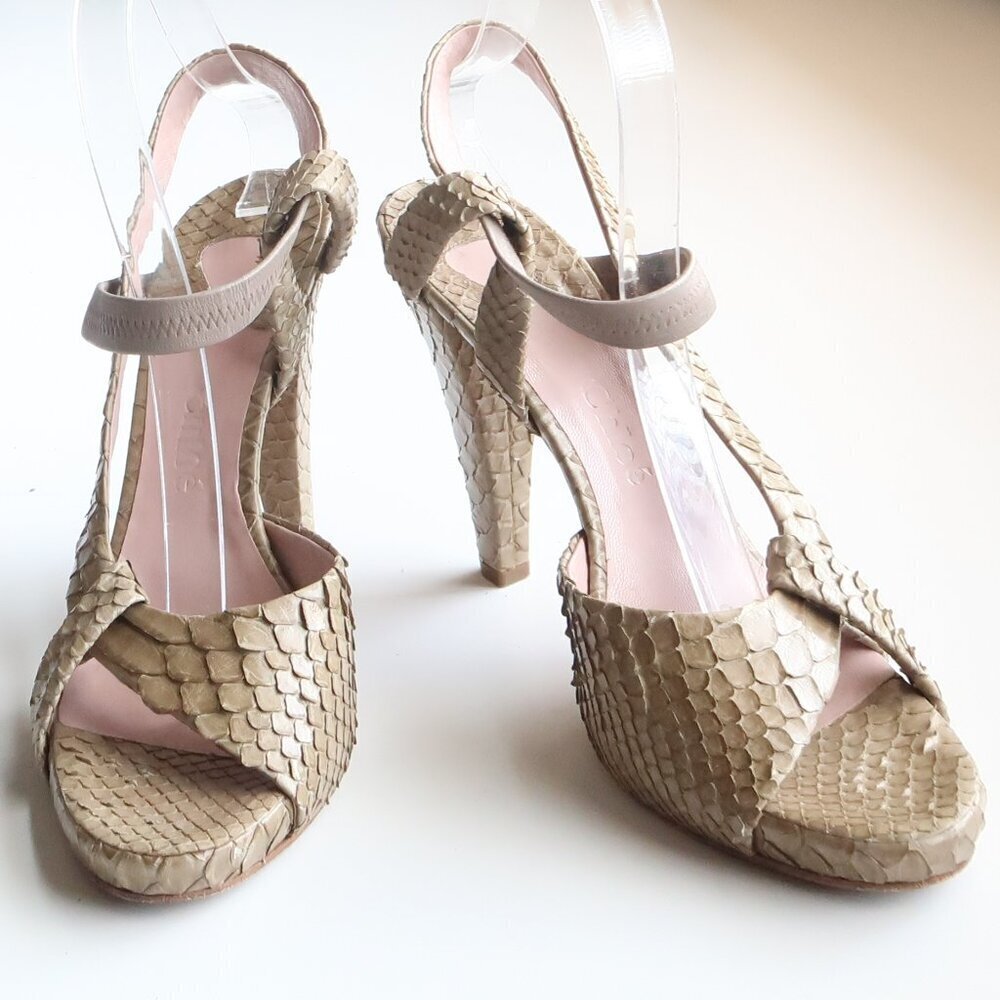 Chloe Sage Green Snakeskin Leather Open Toe Sandals Luxury Designer Summer Shoes - Picture 5 of 16